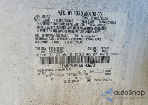 2010 Ford Taurus Limited z USA, uszkodzony, nr VIN 1FAHP2FW1AG143673